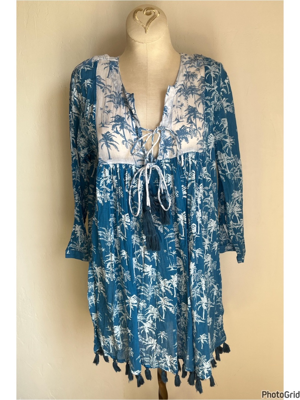 Ro’s Garden Blue White Palm Tree Tunic Dress Medium Tassels Boho